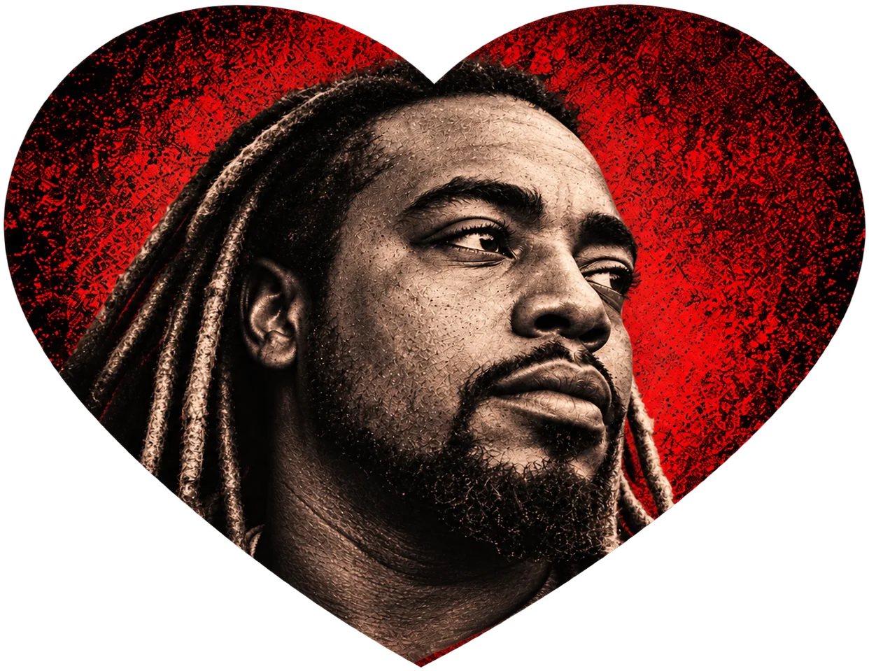 Kelsey Rayner Sr. in profile, framed by a red heart